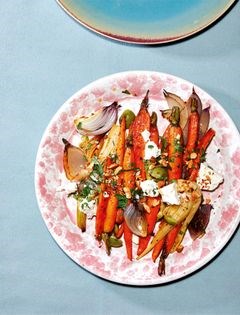 Roasted carrots & fennel with toasted almonds, olives, and feta