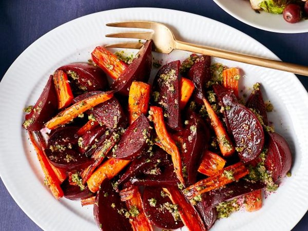 Roasted carrots and beets with pecan pesto