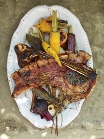 Roasted carrots and beets with the juiciest pork chops