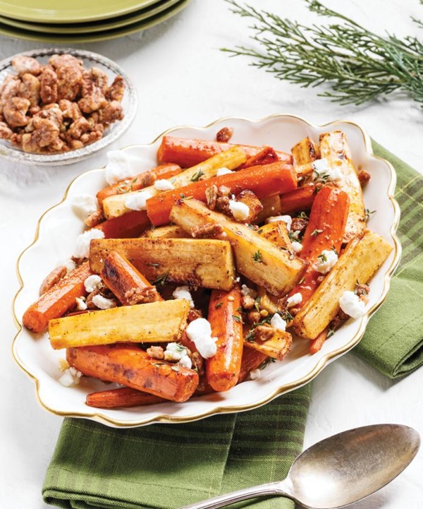 Roasted carrots and parsnips with candied pecans and goat cheese