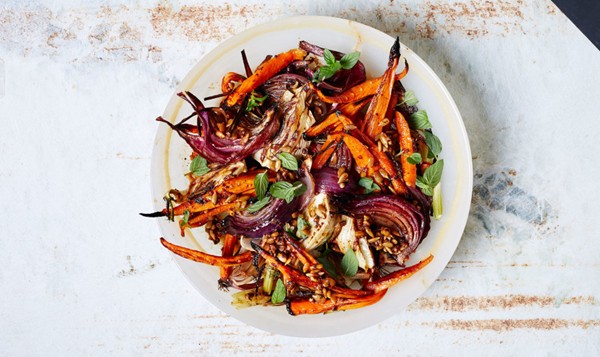 Roasted carrots and red onions with fennel and mint