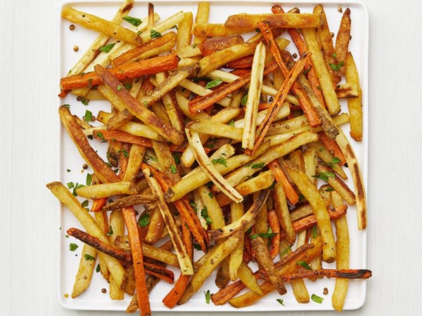 Roasted carrots, parsnips and fries 