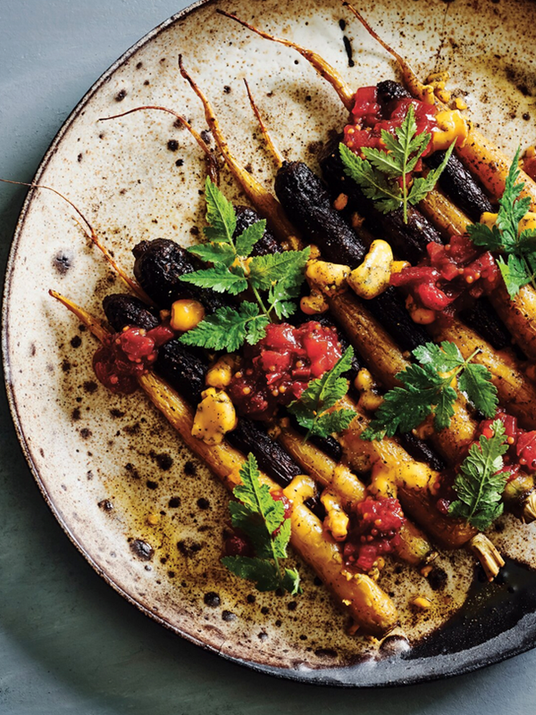 Roasted carrots, preserved plum mostarda, Shropshire blue cheese, sweet cicely