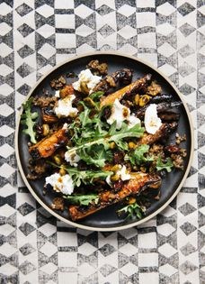 Roasted carrots w/crisped bulgur, pistachios, goat cheese, pickled cherries + arugula