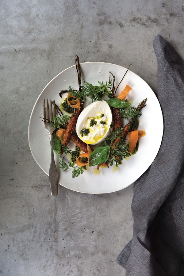 Roasted carrots with carrot-top pesto and burrata