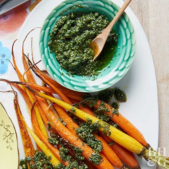 Roasted carrots with carrot-top pesto