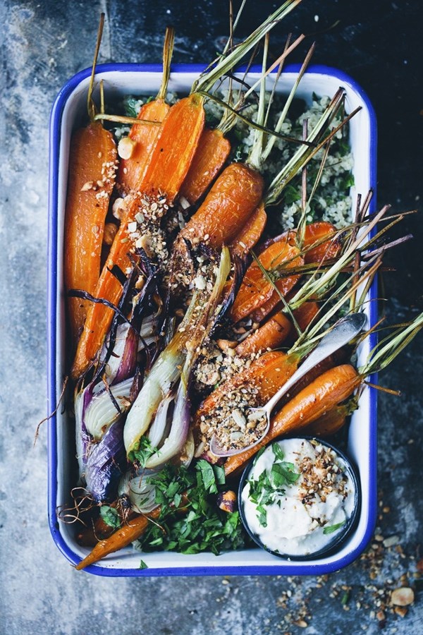 Roasted carrots with dukkah, quinoa & feta yogurt cream