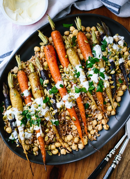 Roasted carrots with farro, chickpeas & herbed crème fraîche