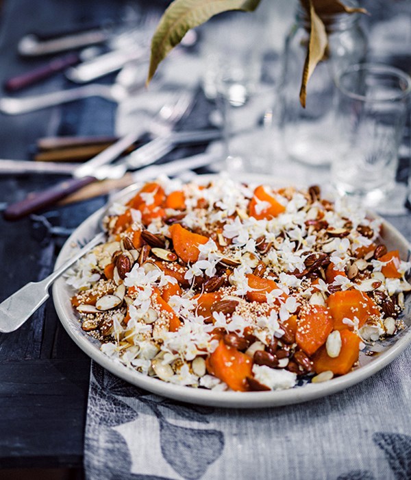 Roasted carrots with feta, almonds and sherry caramel