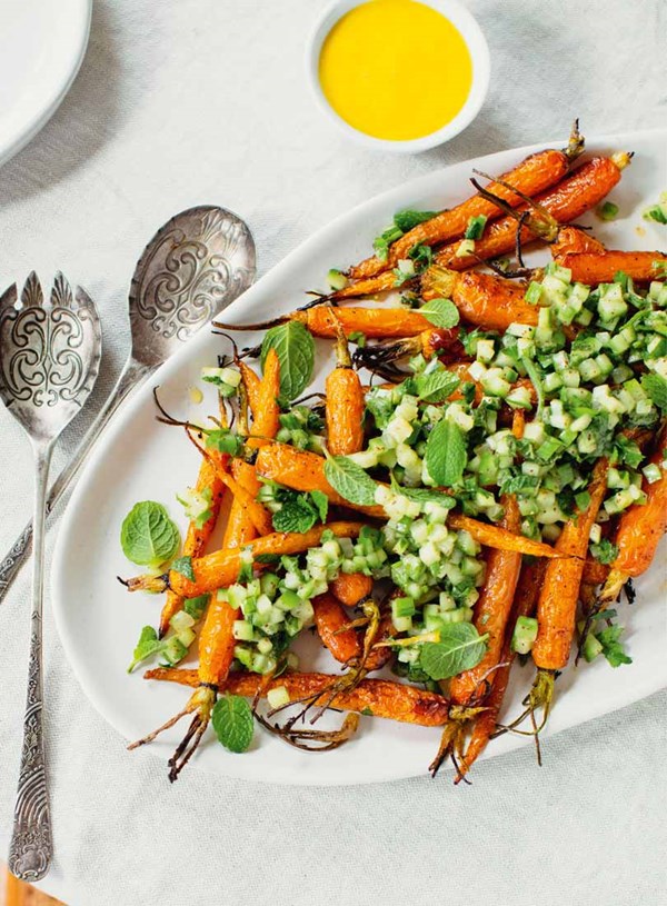 Roasted carrots with sumac cucumber & preserved lemon dressing
