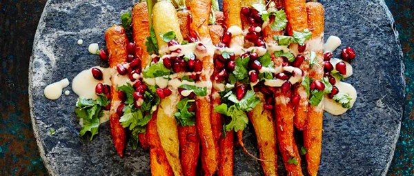 Roasted carrots with tahini and pomegranate