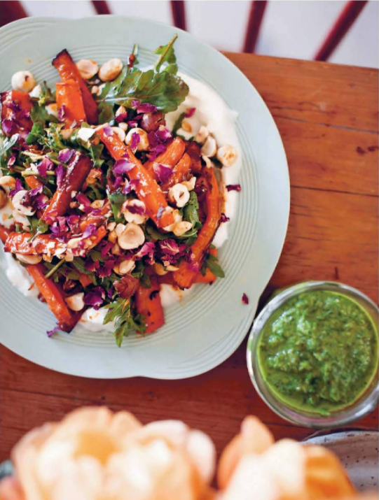 Roasted carrots with yoghurt, hazelnuts and harissa