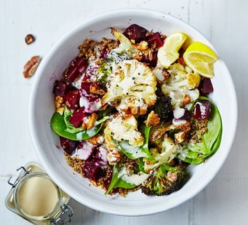 Roasted cauli-broc bowl with tahini hummus