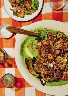 Roasted cauliflower & fennel on pea smash
