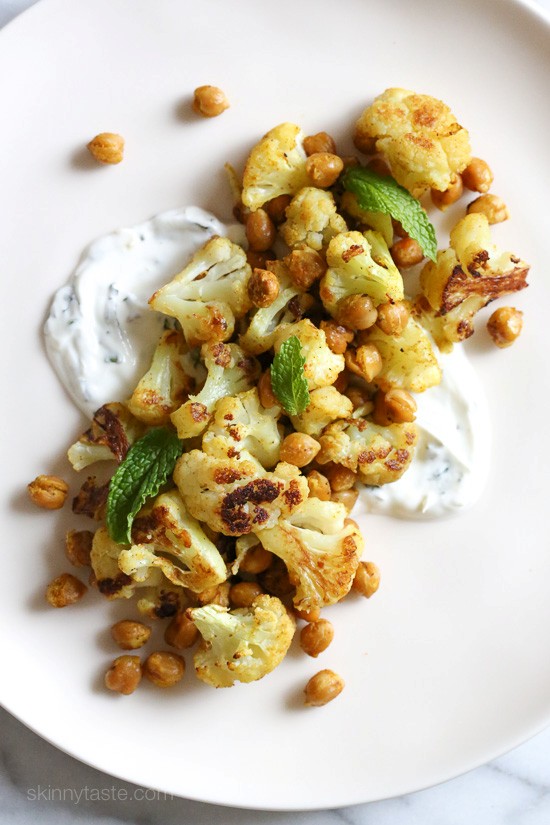 Roasted cauliflower and chickpeas with minted yogurt