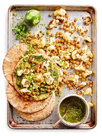 Roasted cauliflower and chickpeas with chimichurri 
