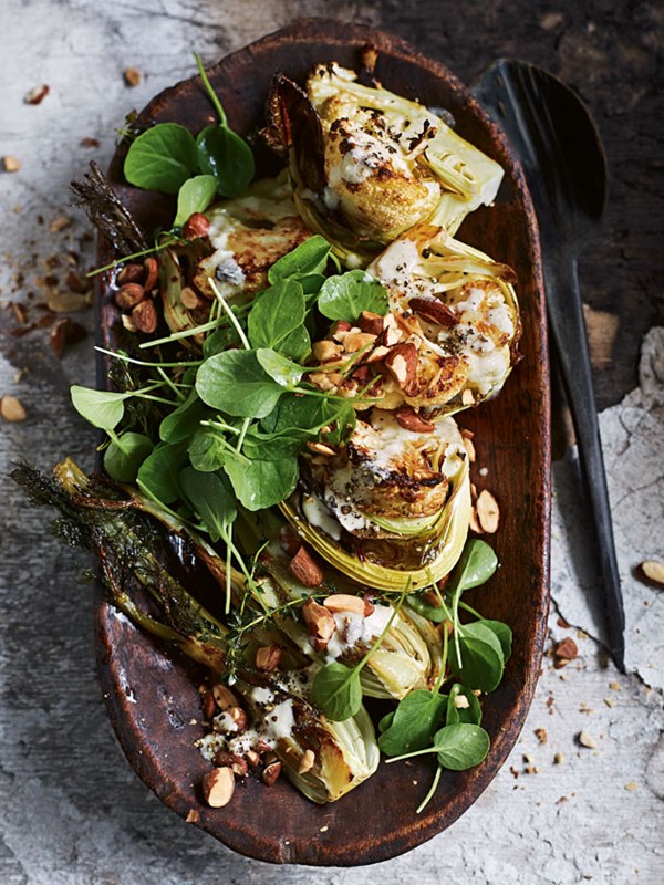 Roasted cauliflower and fennel salad with preserved lemon and almond dressing