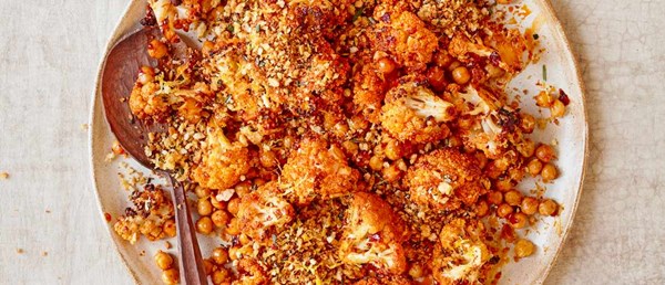Roasted cauliflower and harissa chickpeas with a herby lemon pangritata