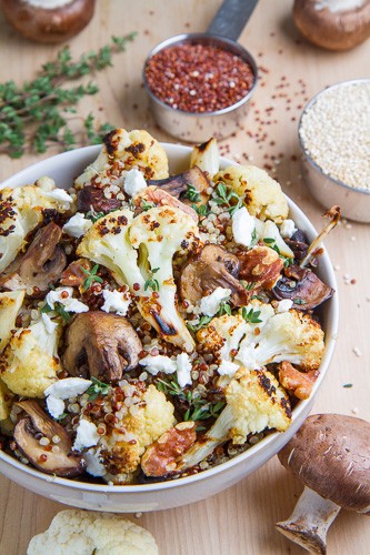 Roasted cauliflower and mushroom quinoa salad in balsamic vinaigrette