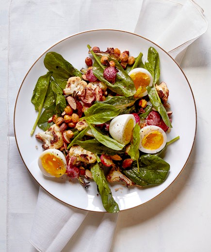 Roasted cauliflower and radish salad with soft-cooked eggs