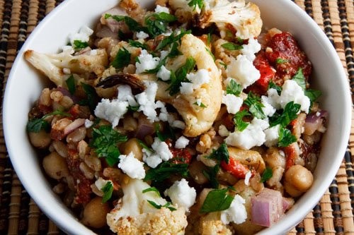 Roasted cauliflower and red pepper farro salad