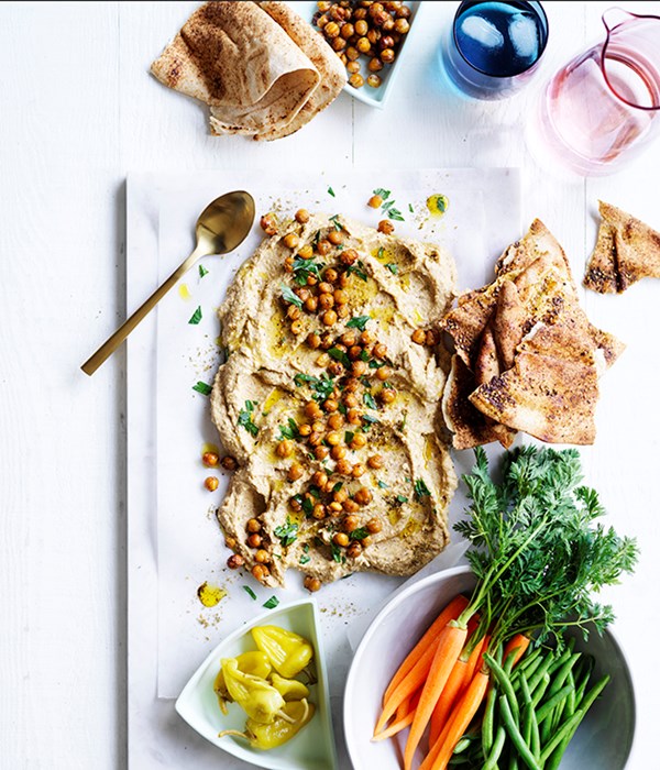 Roasted cauliflower and tahini dip with crudités and flatbread