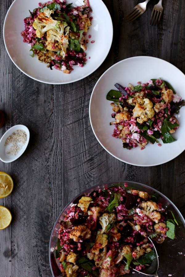 Roasted cauliflower, beet, and farro winter salad