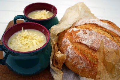 Roasted cauliflower cheese and corn soup with crusty bread