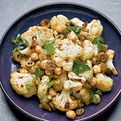 Roasted cauliflower, chickpeas, and olives
