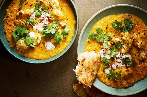 Roasted cauliflower curry with coconut & coriander 'yogurt'