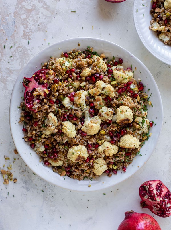 Roasted cauliflower farro with pomegranate and pistachios
