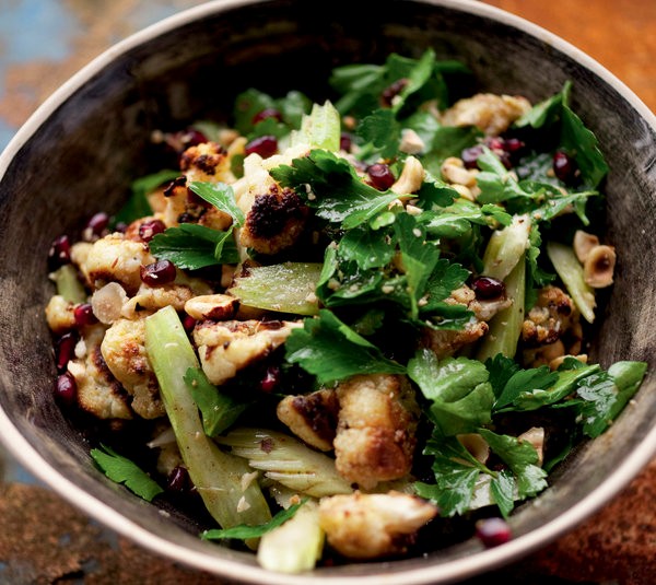 Roasted cauliflower, hazelnut and pomegranate seed salad