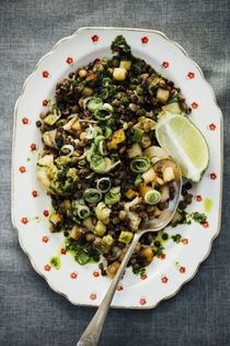 Roasted cauliflower, paneer, and mixed lentil salad