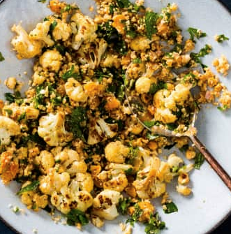 Roasted cauliflower salad with apricots and hazelnuts