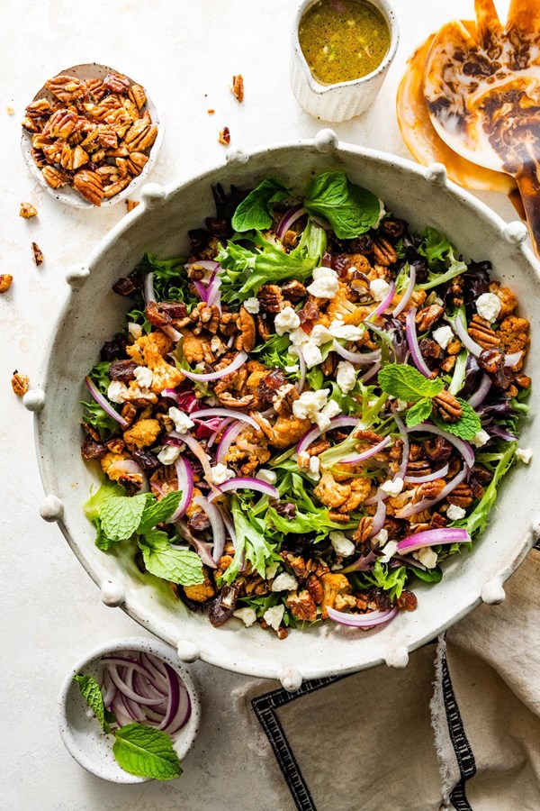 Roasted cauliflower salad with dates & salted maple pecans
