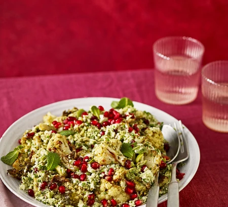 Roasted cauliflower salad with pistachio pesto dressing