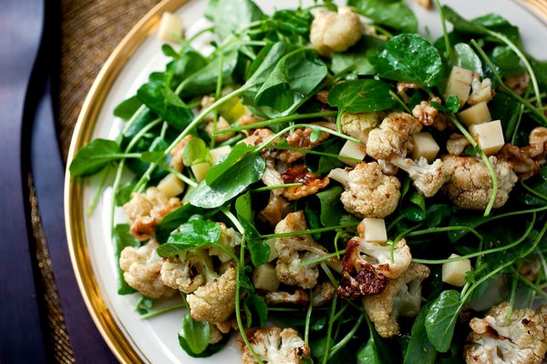 Roasted cauliflower salad with watercress, walnuts and Gruyère
