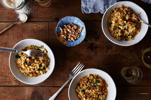 Roasted cauliflower short grain brown rice risotto with lemon, walnut and mascarpone 
