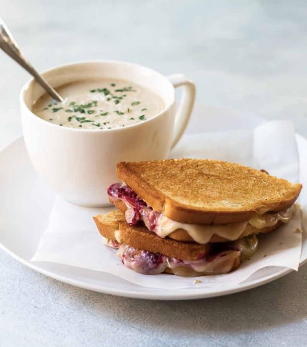 Roasted cauliflower soup and cranberry turkey grilled cheese