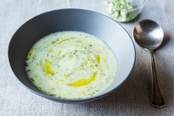 Roasted cauliflower soup with chimichurri and poblano creme fraiche
