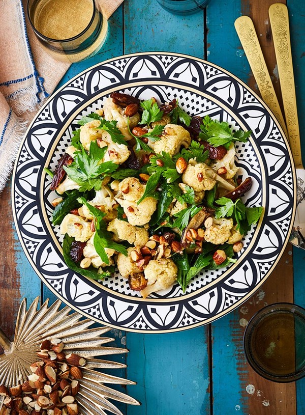 Roasted cauliflower, spinach and date salad