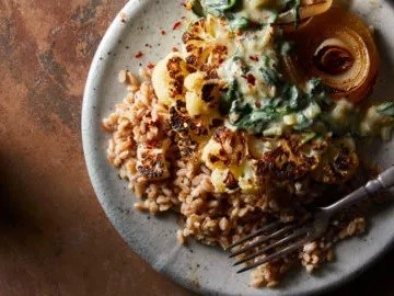 Roasted cauliflower steaks with creamed spinach