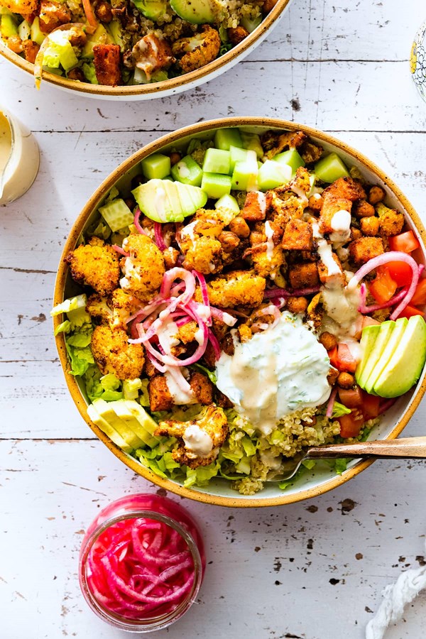 Roasted cauliflower sweet potato chickpea bowl