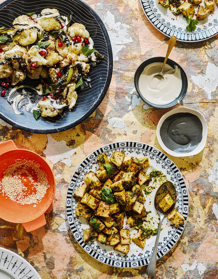 Roasted cauliflower with black and white tahini (Arnabit meshwe maa' qizha w t-heene)