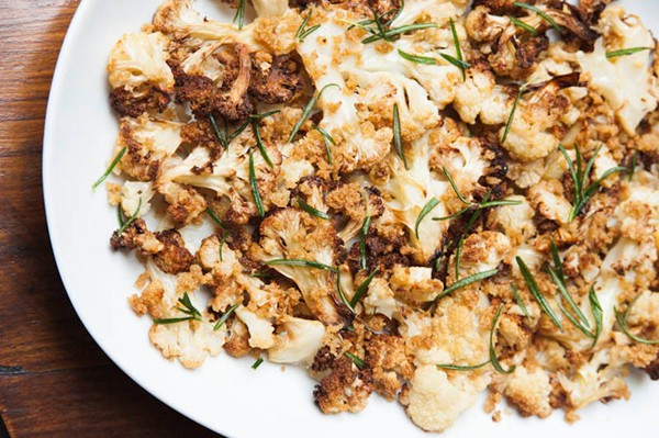 Roasted cauliflower with breadcrumbs and fried rosemary