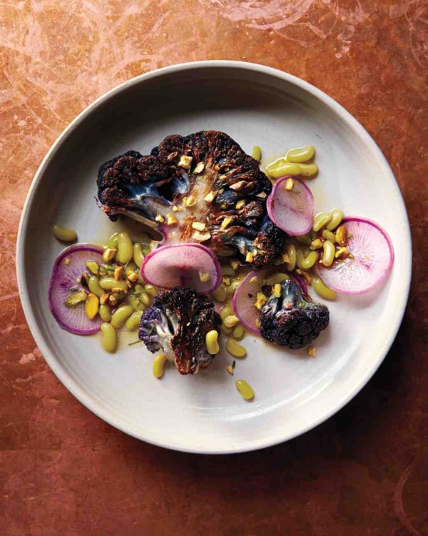 Roasted cauliflower with flageolets, turnips, and pistachios