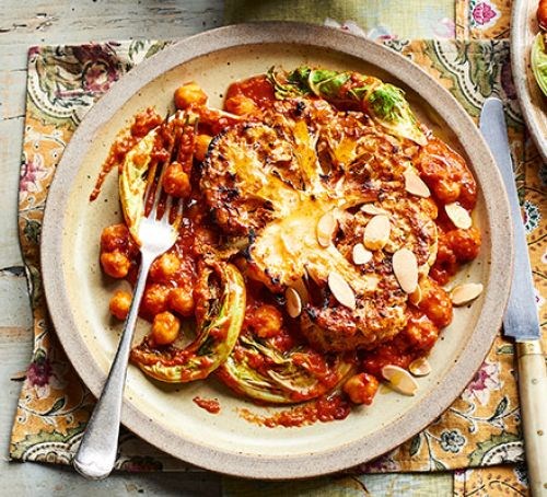 Roasted cauliflower with harissa & chickpea sauce