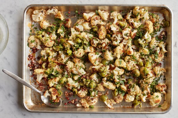 Roasted cauliflower with pancetta, olives and crisp Parmesan