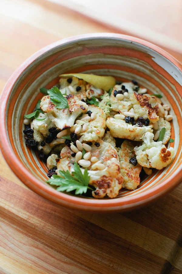 Roasted cauliflower with pine nuts and currants