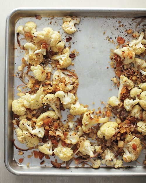 Roasted cauliflower with shallots and golden raisins